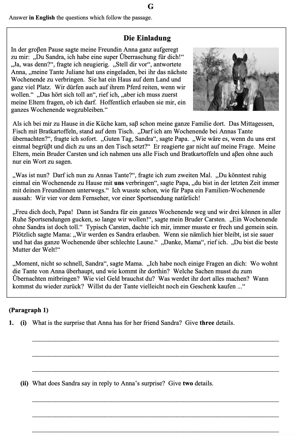 an image of the question 2012 Sec2 G which is about the topic read long text and the subject is Junior Certificate german